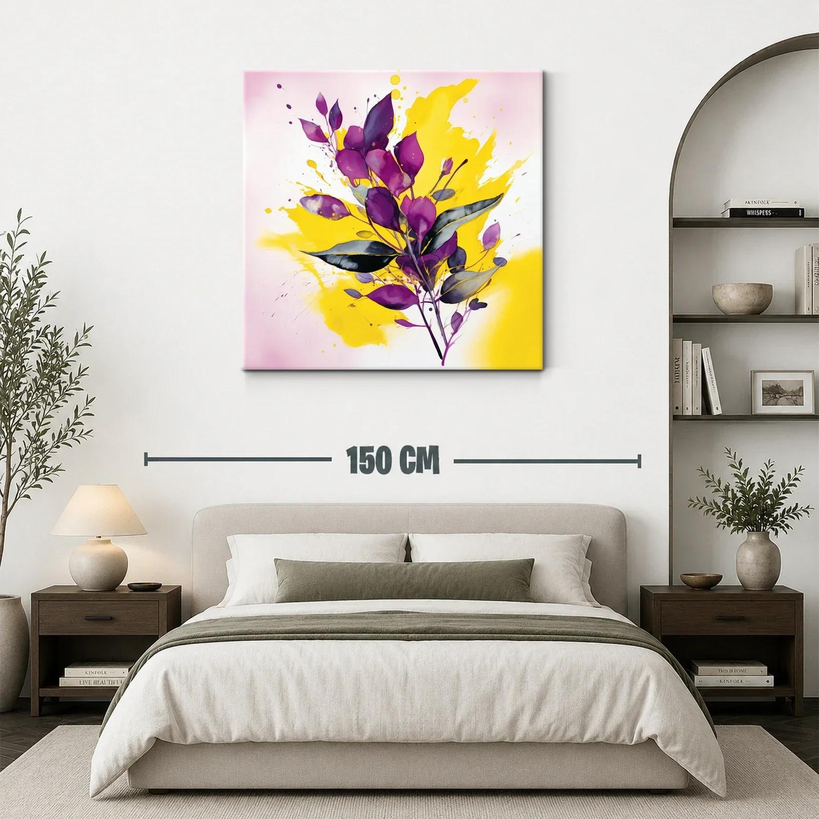 Cuadro moderno con hojas moradas y fondo amarillo vibrante — miniatura 3