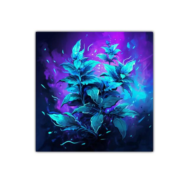 Cuadro decorativo con vibrantes hojas azules sobre fondo violeta