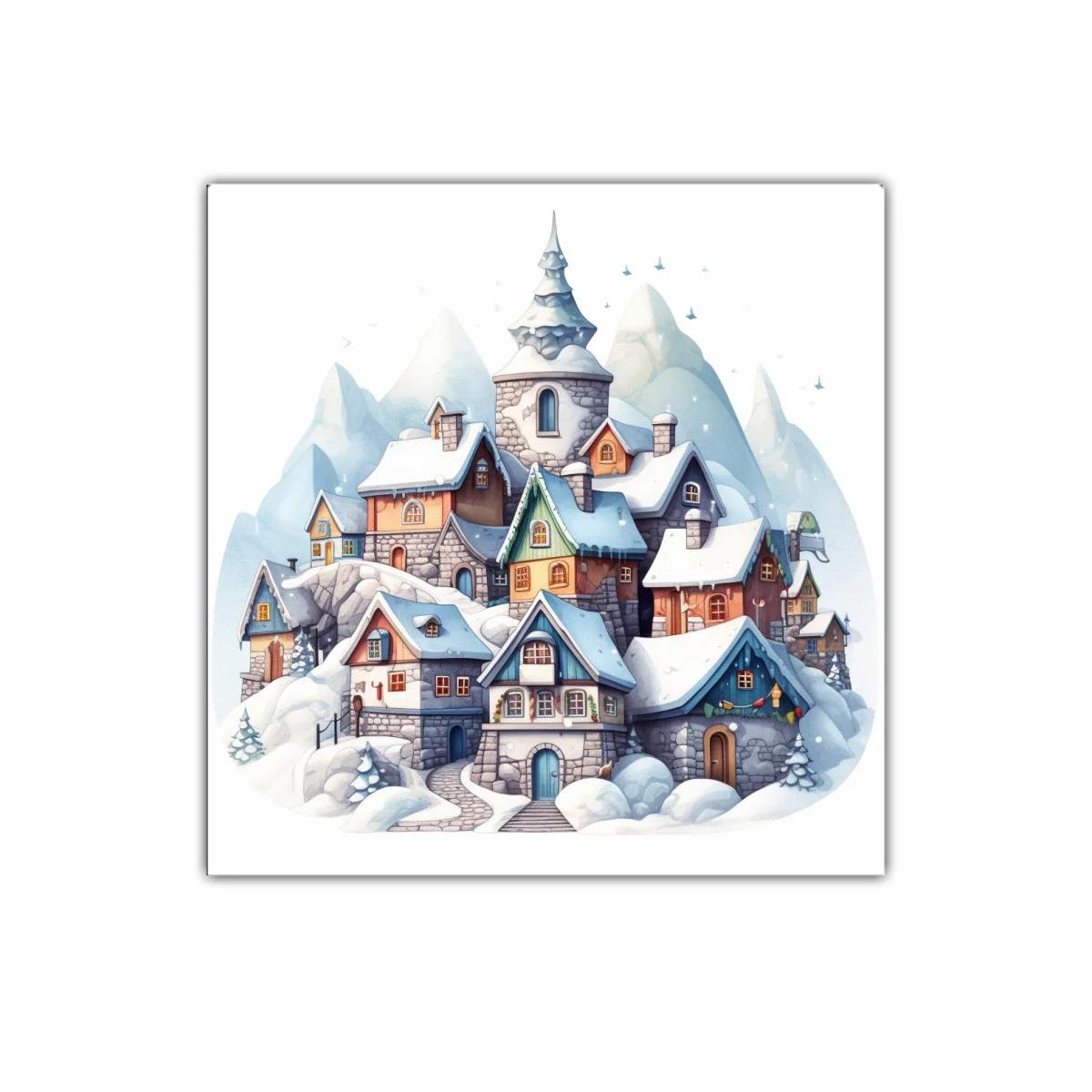 Pueblo nevado con encanto en tonos pastel y azulados