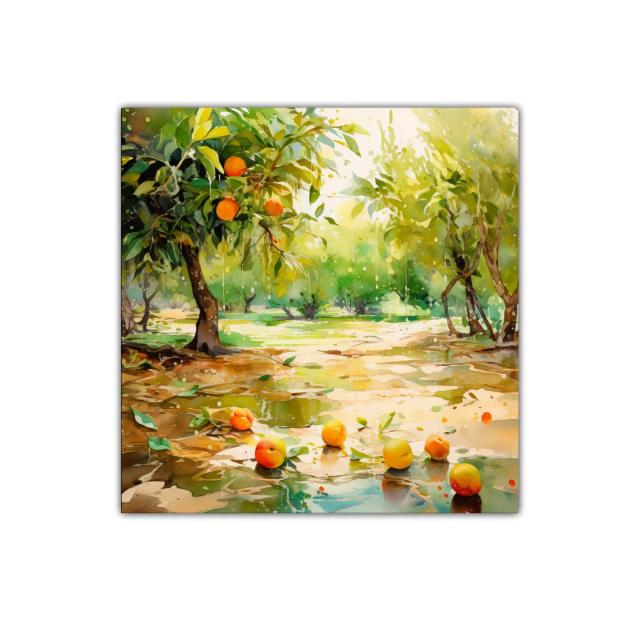 Paisaje de huerto con frutas maduras y luz natural