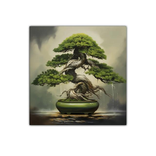 Bonsái verde con ramas retorcidas y fondo neutro