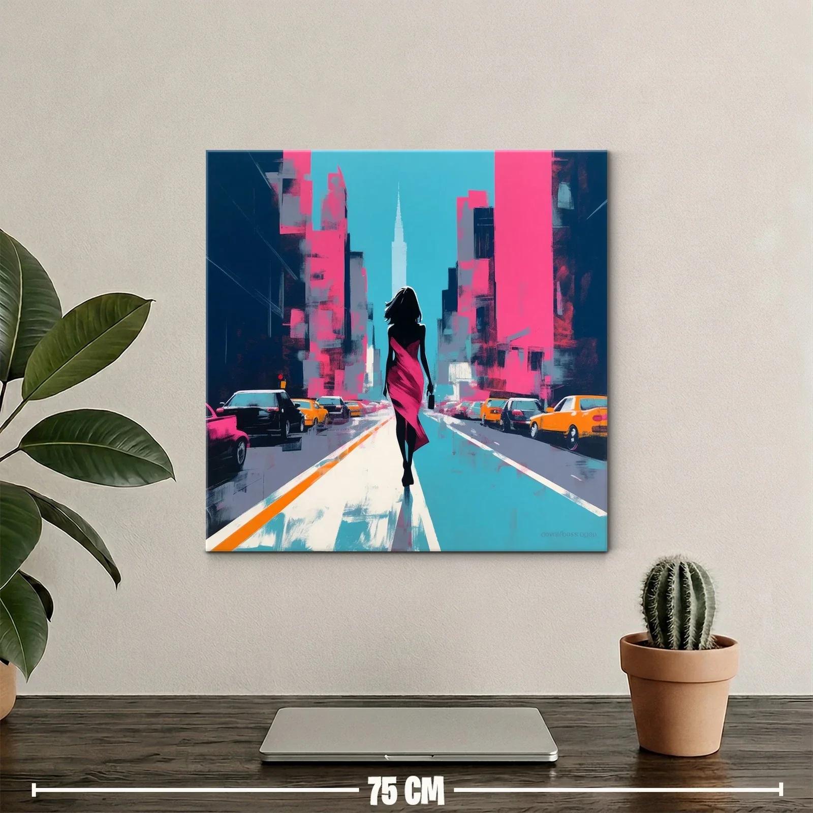 Mujer en vestido fucsia caminando por ciudad vibrante — miniatura 2