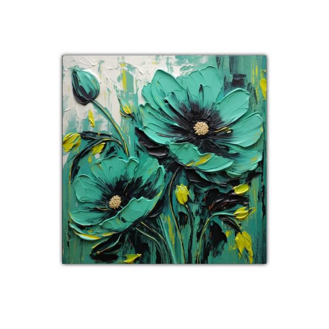 Cuadro floral con flores grandes y tonos verdes vibrantes