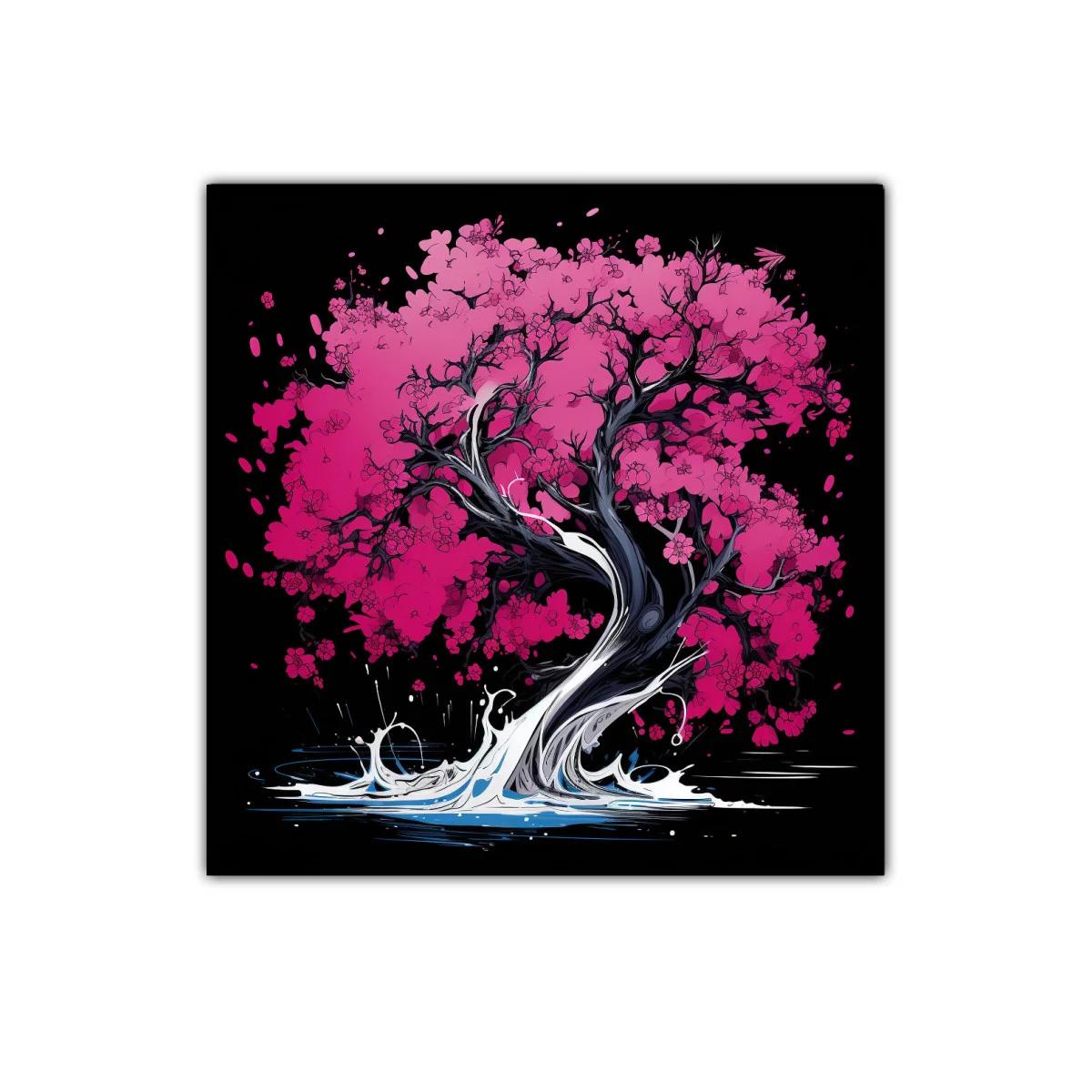 Árbol de flores rosas con base de agua dinámica y oscura — imagen principal