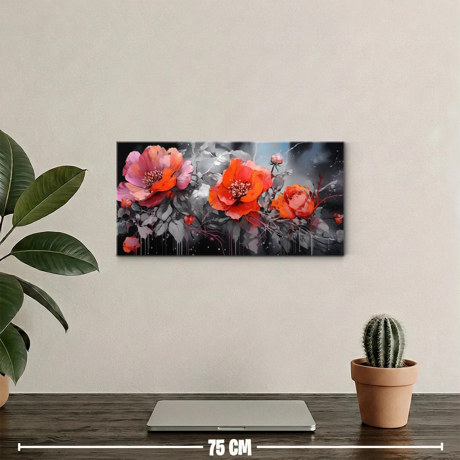 Cuadro peonías coral con fondo oscuro y salpicaduras — miniatura 2