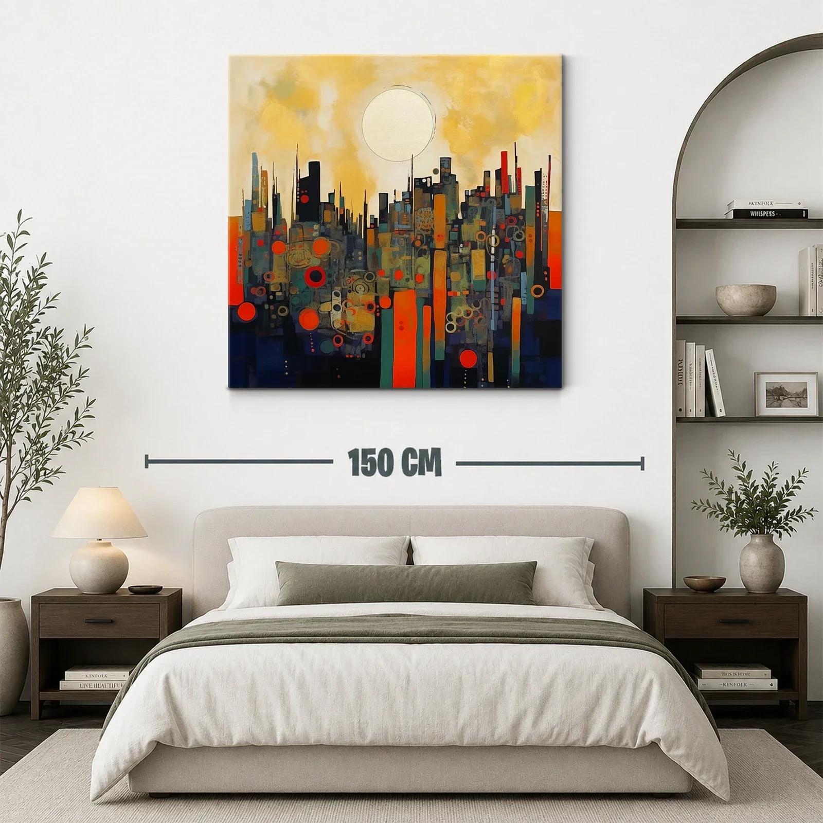 Cuadro abstracto paisaje urbano con círculo dorado — miniatura 3