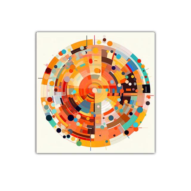 Cuadro circular con vibrantes colores cálidos y detalles geométricos