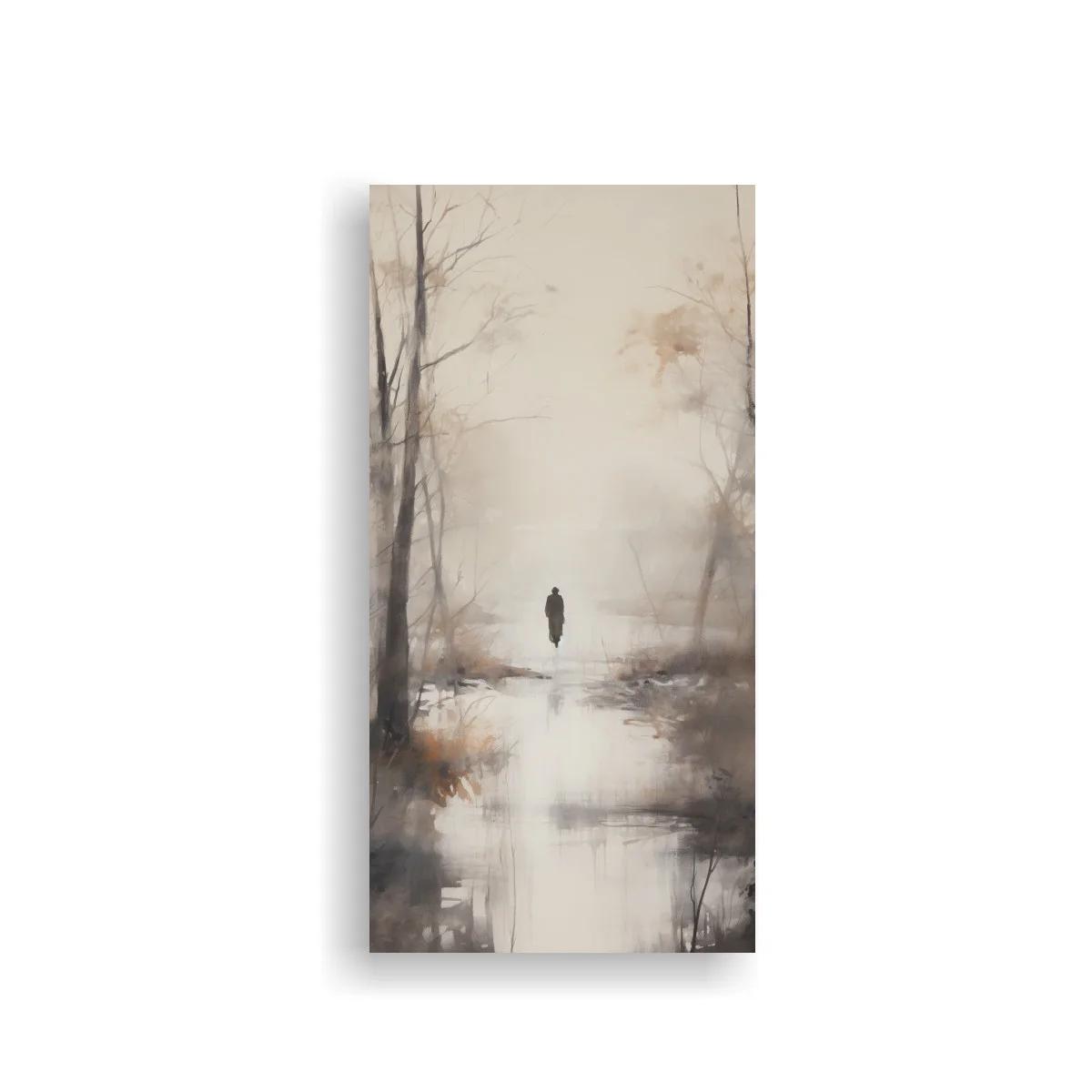 Cuadro figura solitaria en humedal entre niebla y reflejos suaves