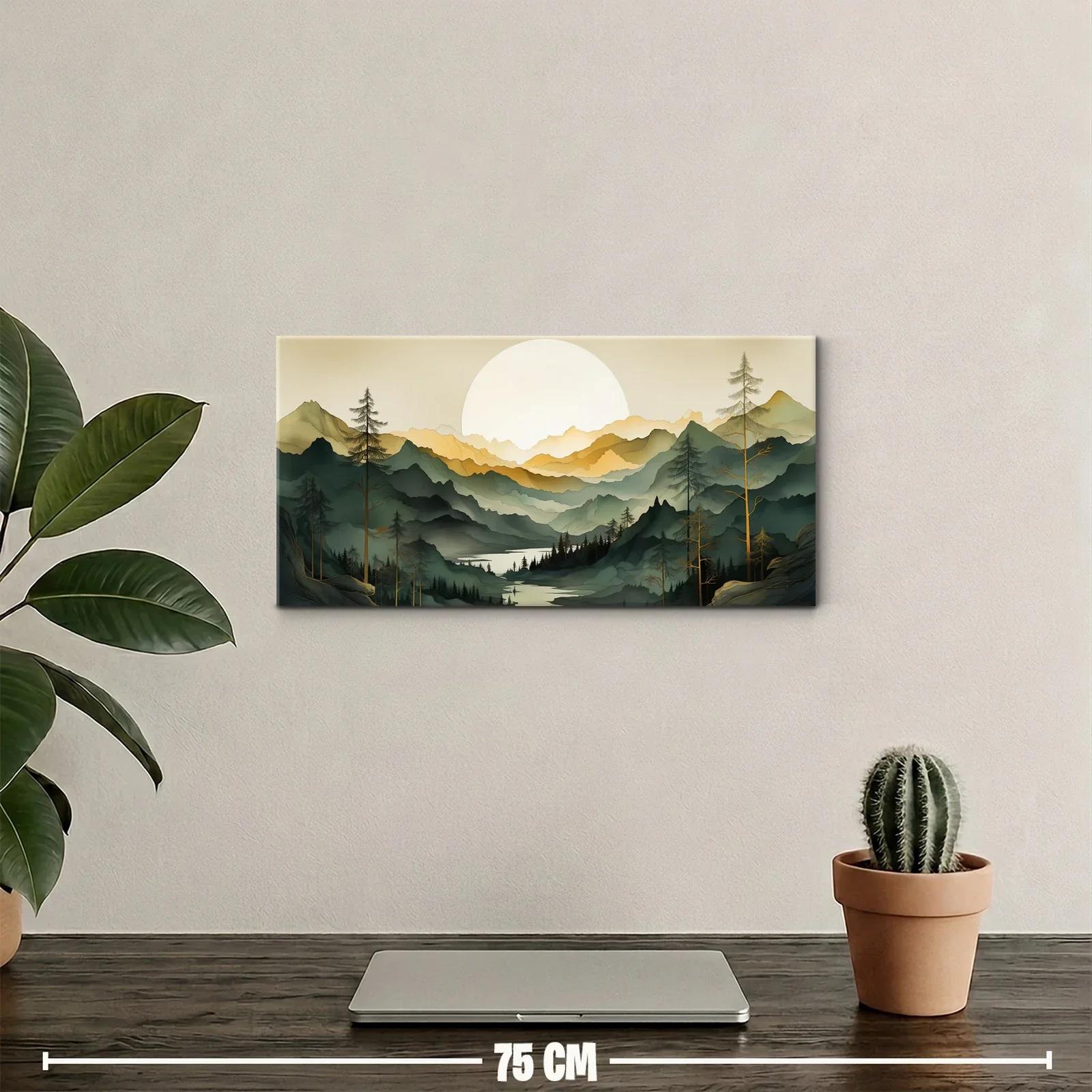 Cuadro paisaje de montañas con lago y pinos en capas — miniatura 2