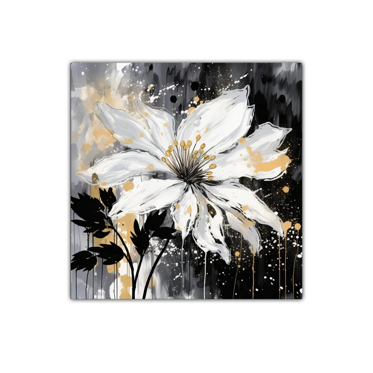 Flor blanca con detalles dorados sobre fondo oscuro — imagen principal