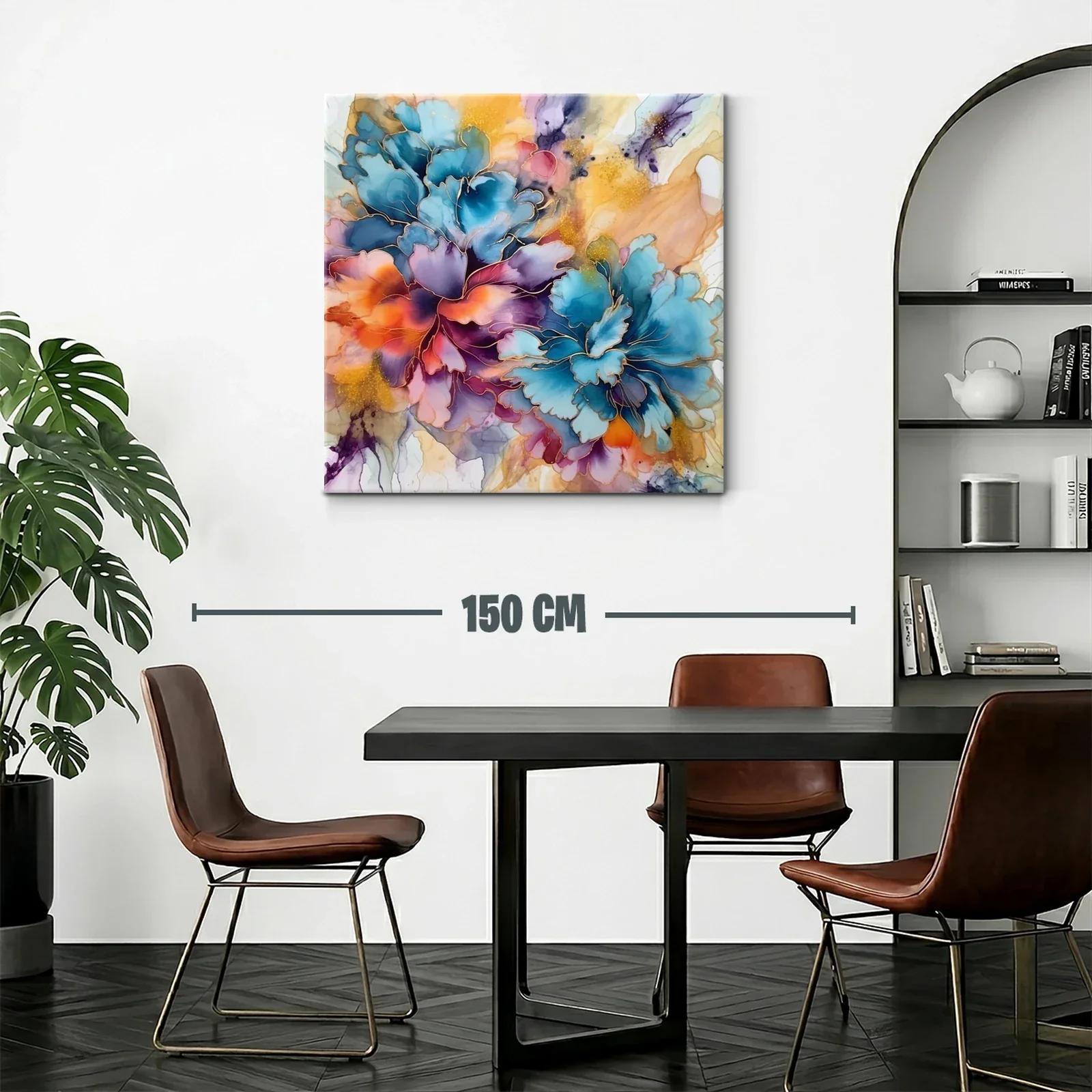 Cuadro floral vibrante con tonos azul y naranja intensos — miniatura 2