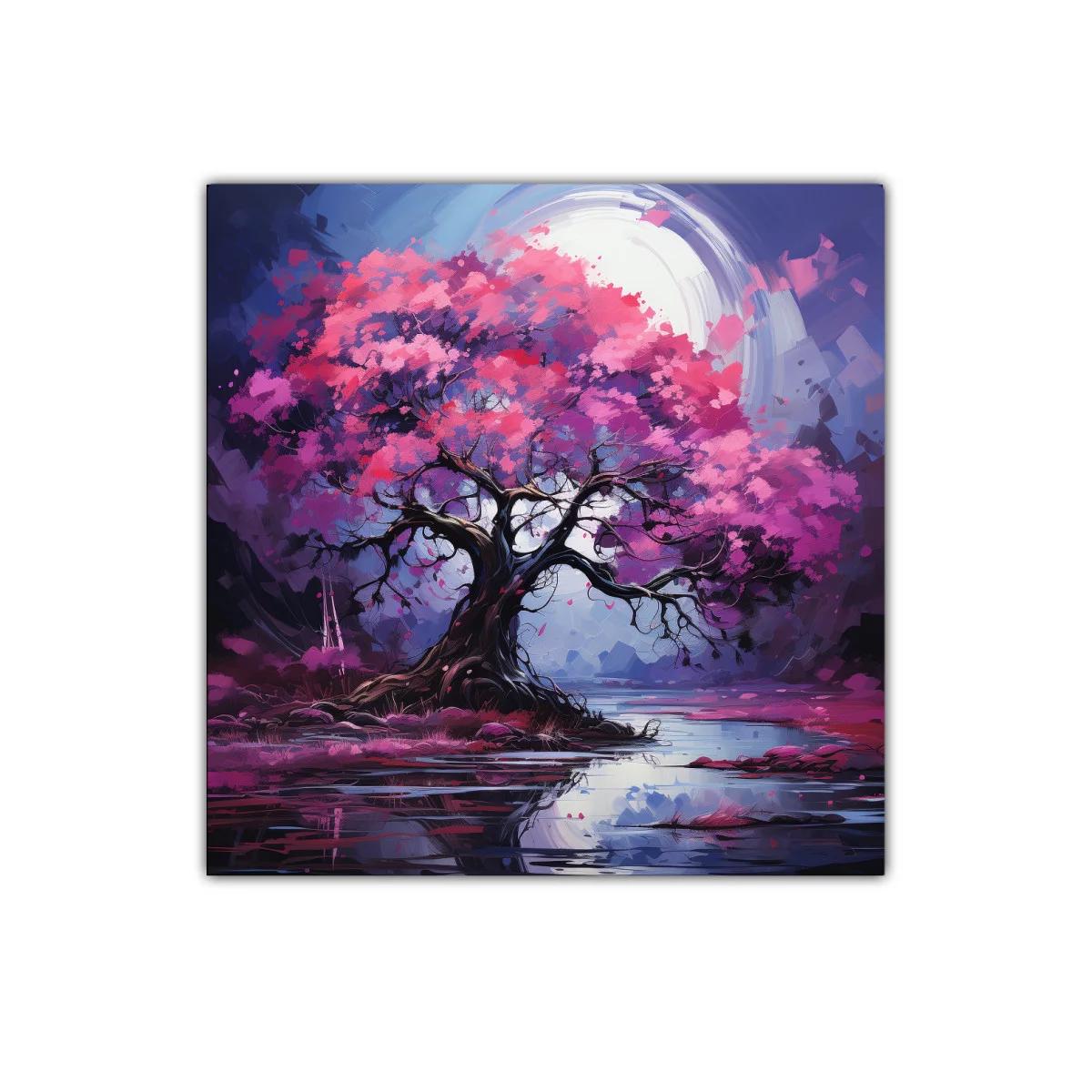 Árbol en flor bajo luna brillante sobre lago sereno — imagen principal