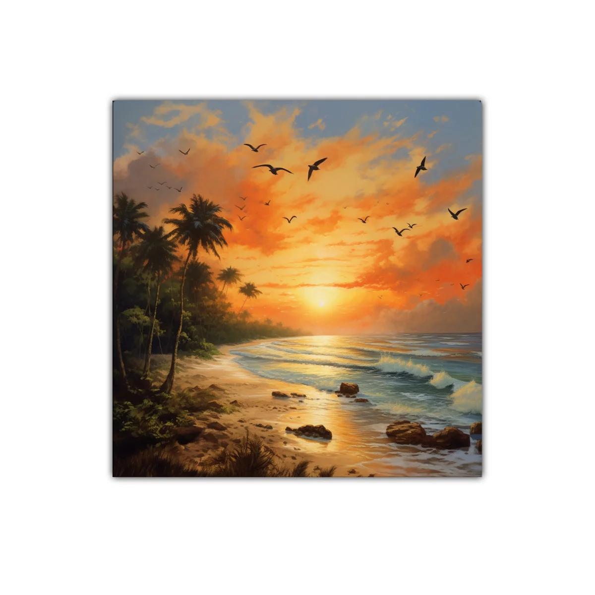 Atardecer tropical con palmeras y aves en vuelo — miniatura 1