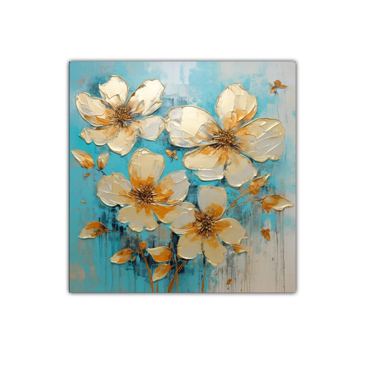 Cuadro floral con tonos dorados y fondo turquesa brillante — imagen principal
