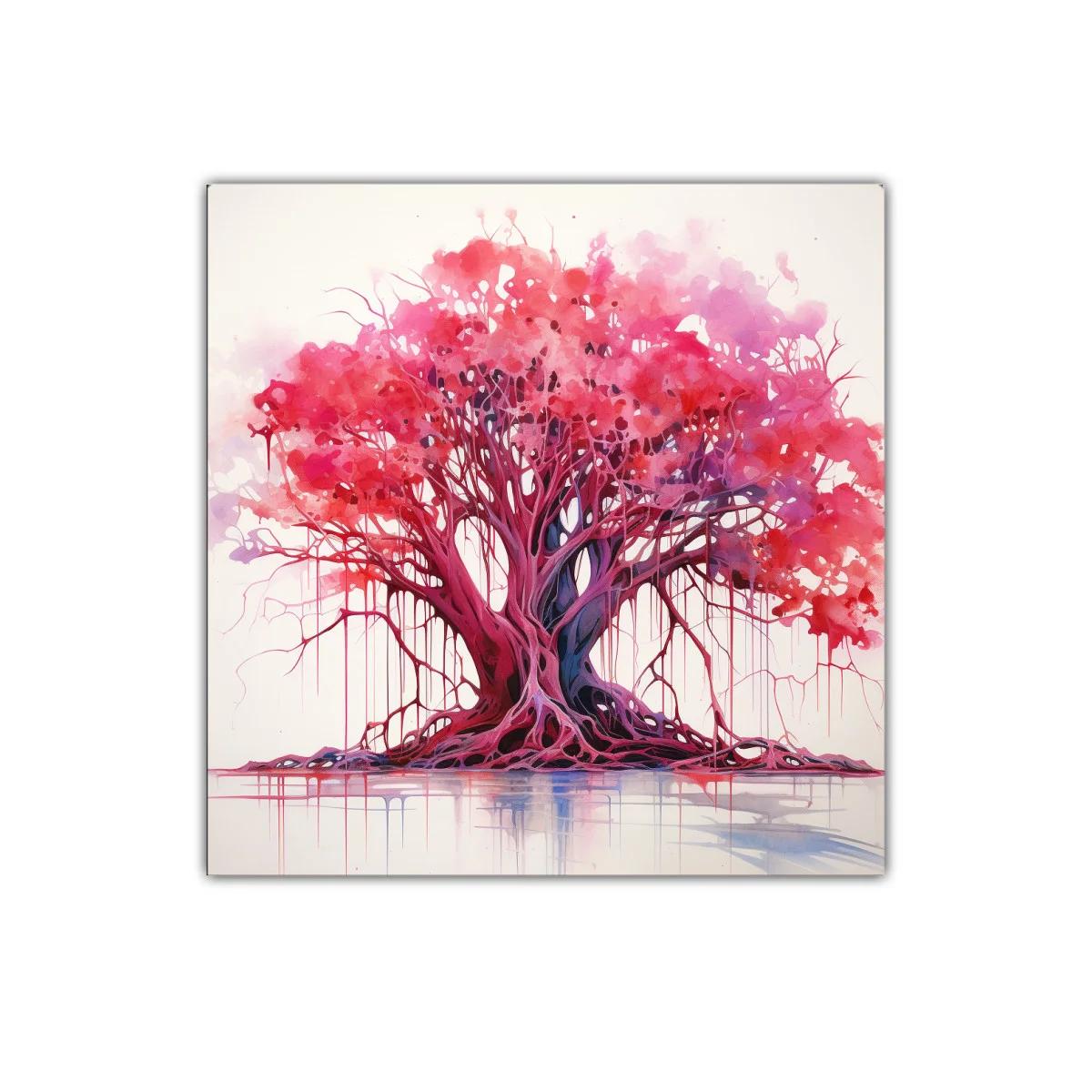 Árbol vibrante con tonos rojos y morados en composición fluida — imagen principal