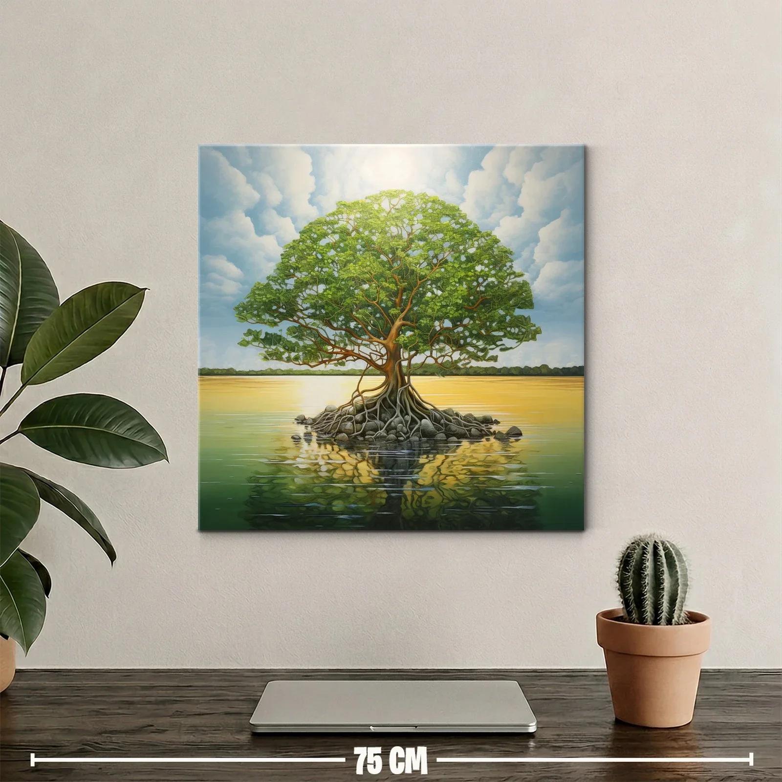 Árbol solitario sobre lago en tranquila puesta de sol — miniatura 2