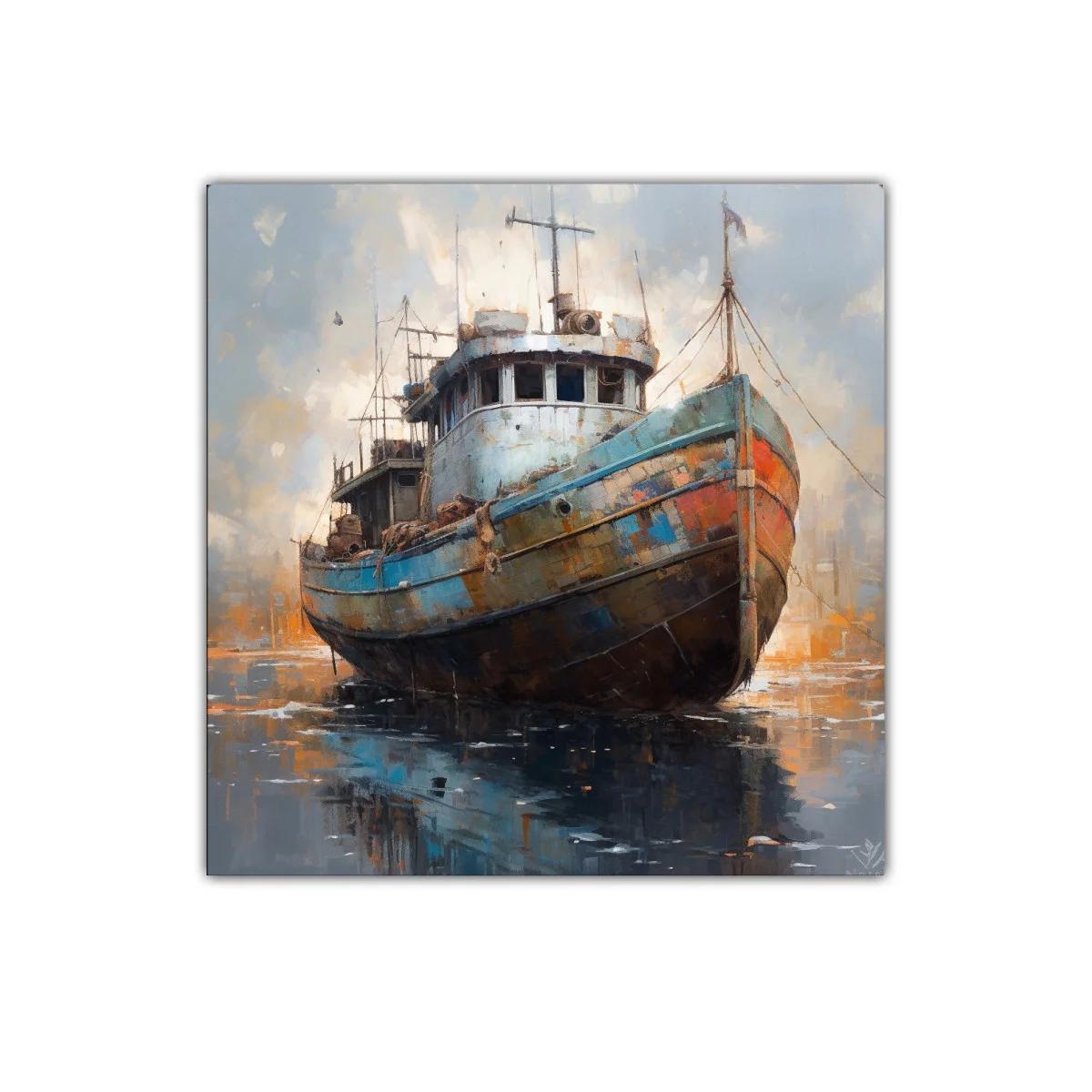 Barco pesquero antiguo en puerto con reflejos vibrantes — imagen principal