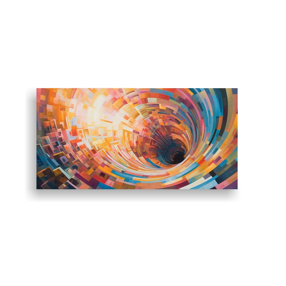 Cuadro vórtice abstracto con núcleo oscuro y bloques geométricos