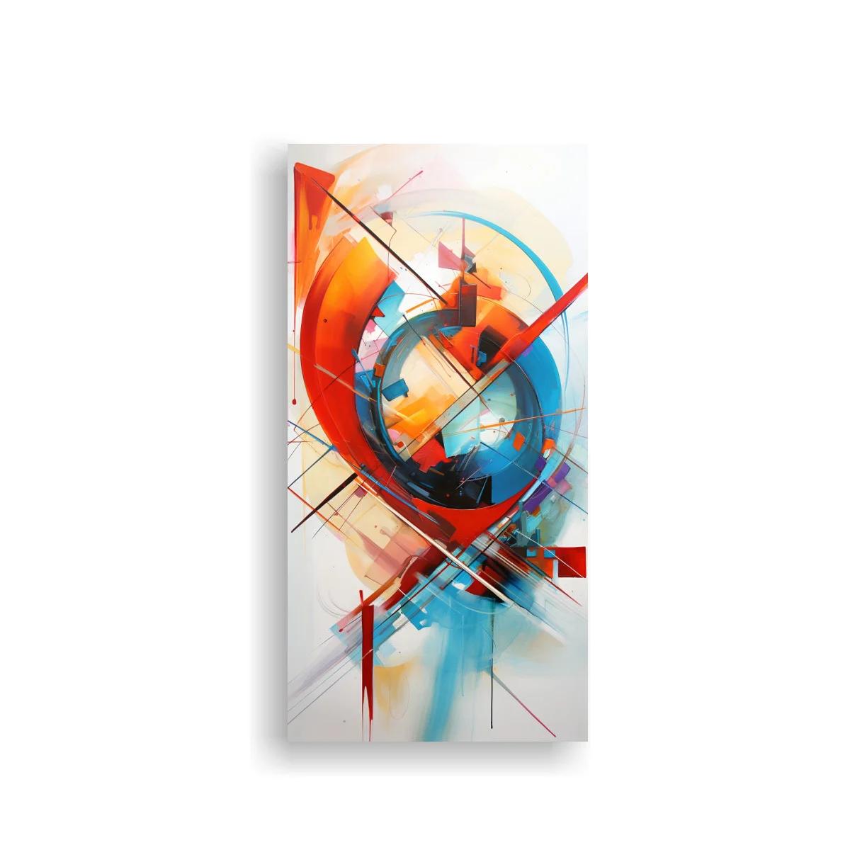 Cuadro abstracción geométrica con anillos azules y trazos rojos