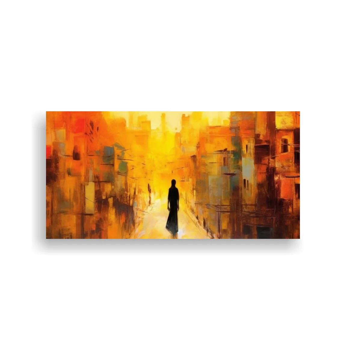 Cuadro figura humana solitaria en pasaje urbano iluminado
