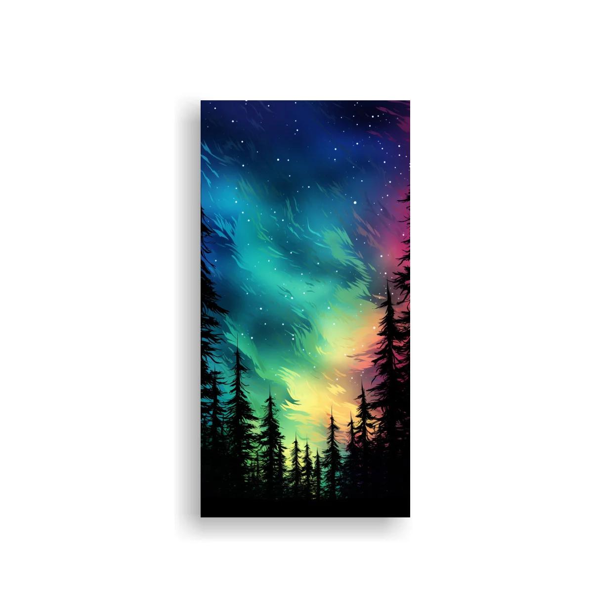 Cuadro aurora boreal sobre bosque de pinos