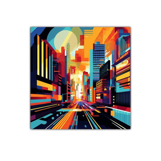 Ciudad vibrante con colores intensos y perspectiva dinámica