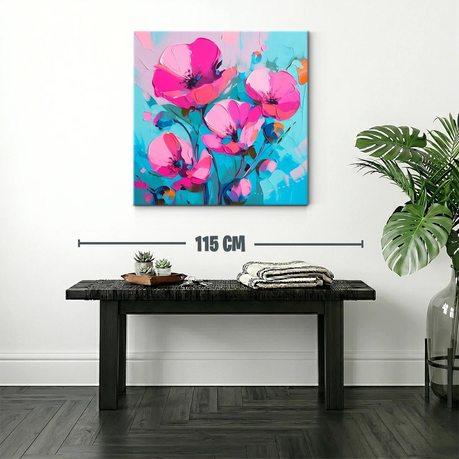 Cuadro floral con vibrantes tonalidades rosa y azul turquesa — miniatura 2