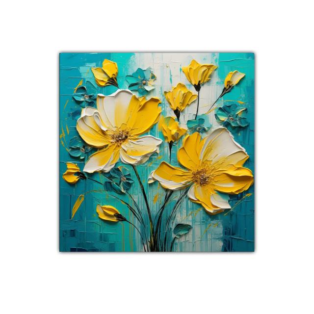 Cuadro floral vibrante con flores amarillas y fondo turquesa