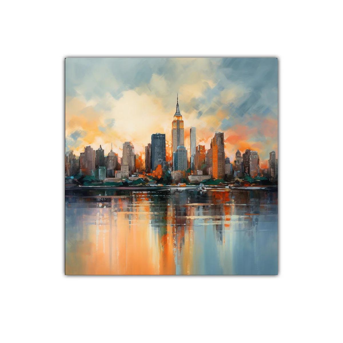 Atardecer vibrante en skyline urbano con reflejos en agua