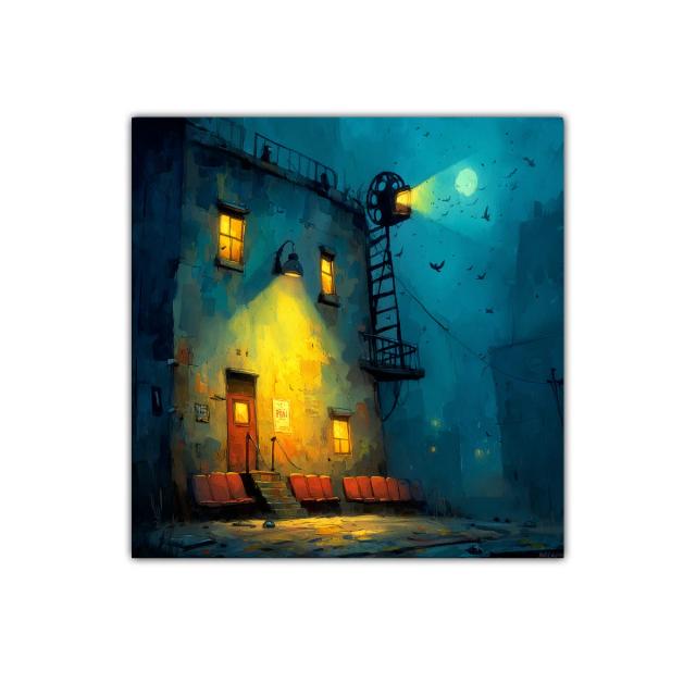 Fachada iluminada de cine al anochecer con asientos rojos