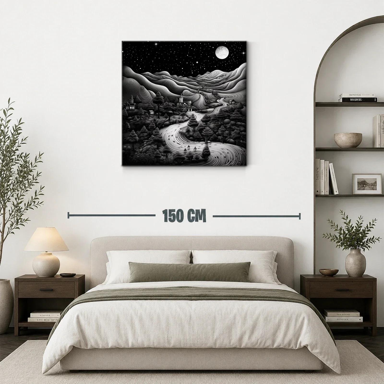Paisaje nocturno con río serpenteante y luna llena brillante — miniatura 3