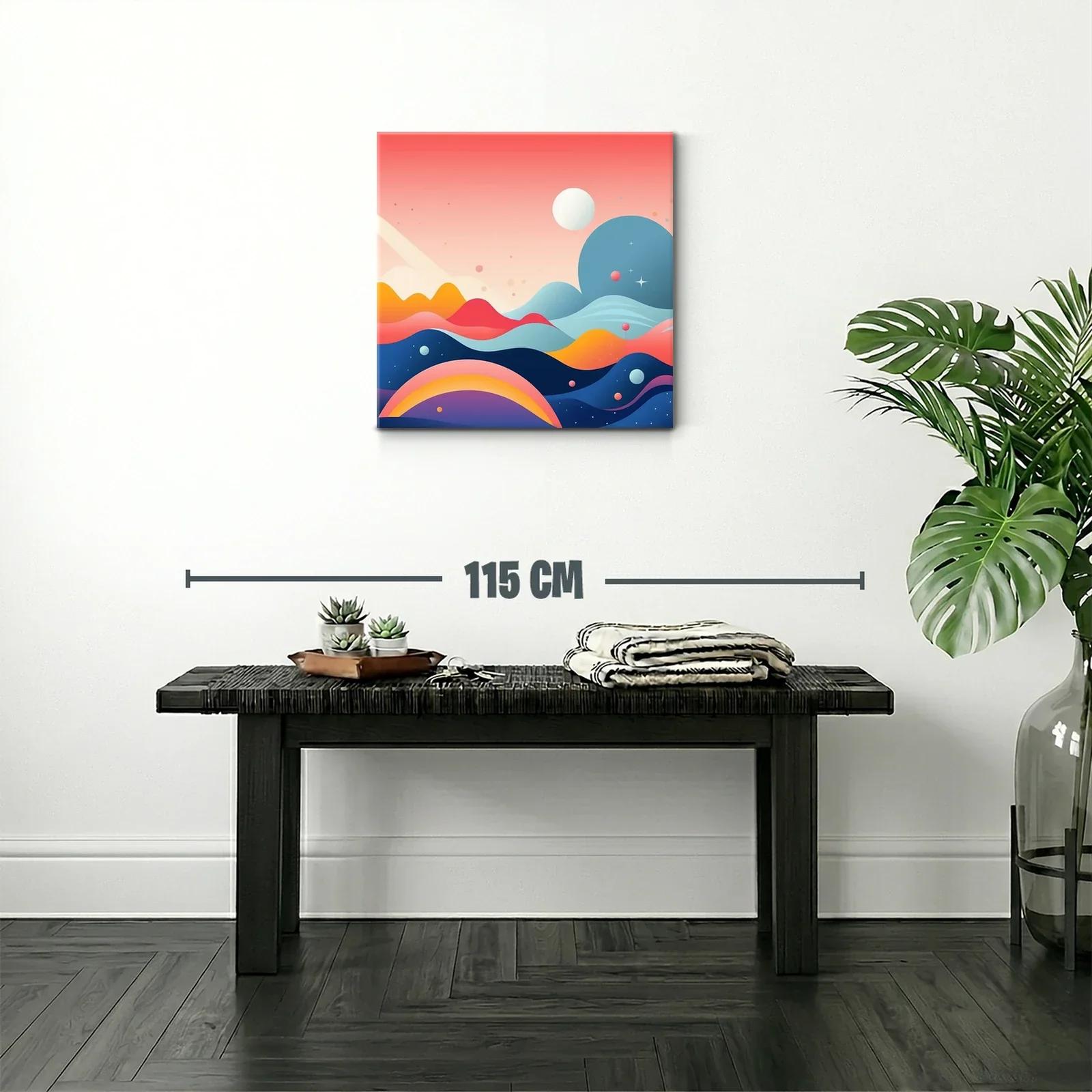 Cuadro abstracto con montañas y planetas en tonos vibrantes — miniatura 2