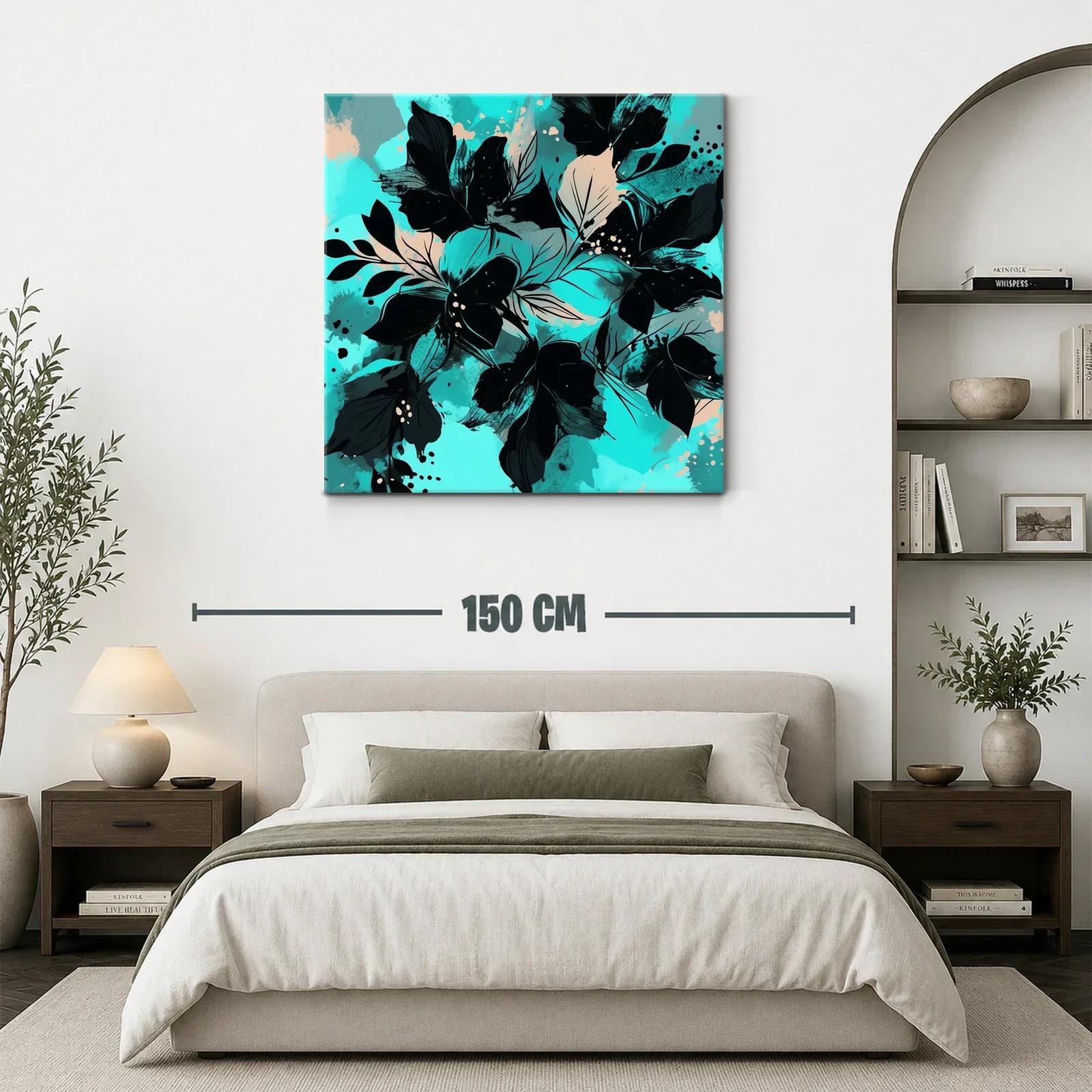 Cuadro moderno con motivos florales en tonos turquesa y negro — miniatura 3
