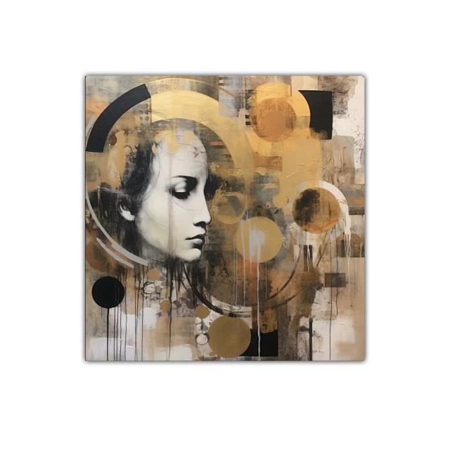 Retrato femenino con formas geométricas en tonos dorados y negros