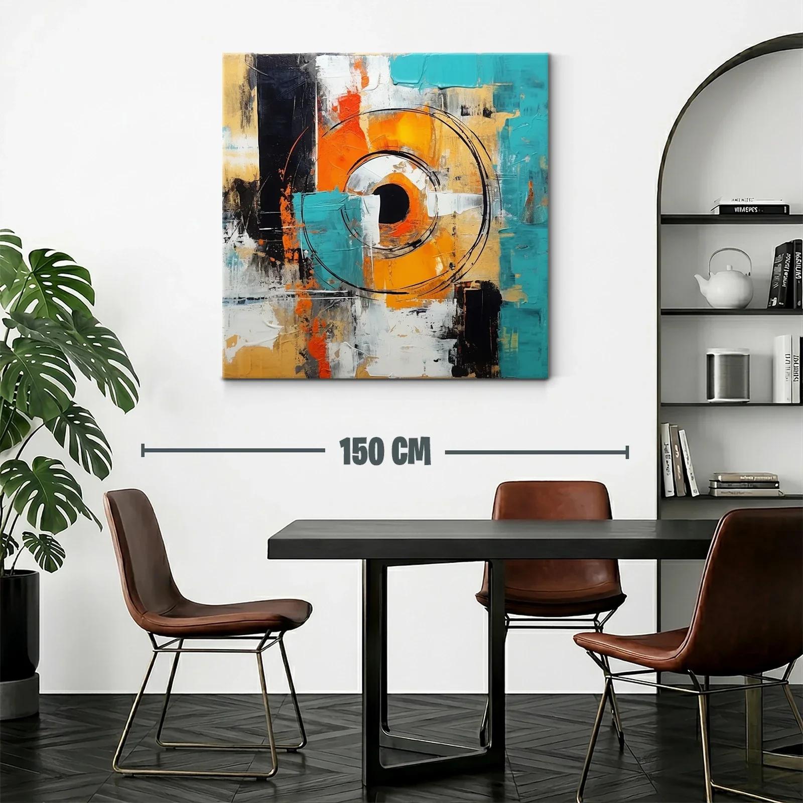 Cuadro abstracto con círculos y tonos vibrantes en azul y naranja — miniatura 2