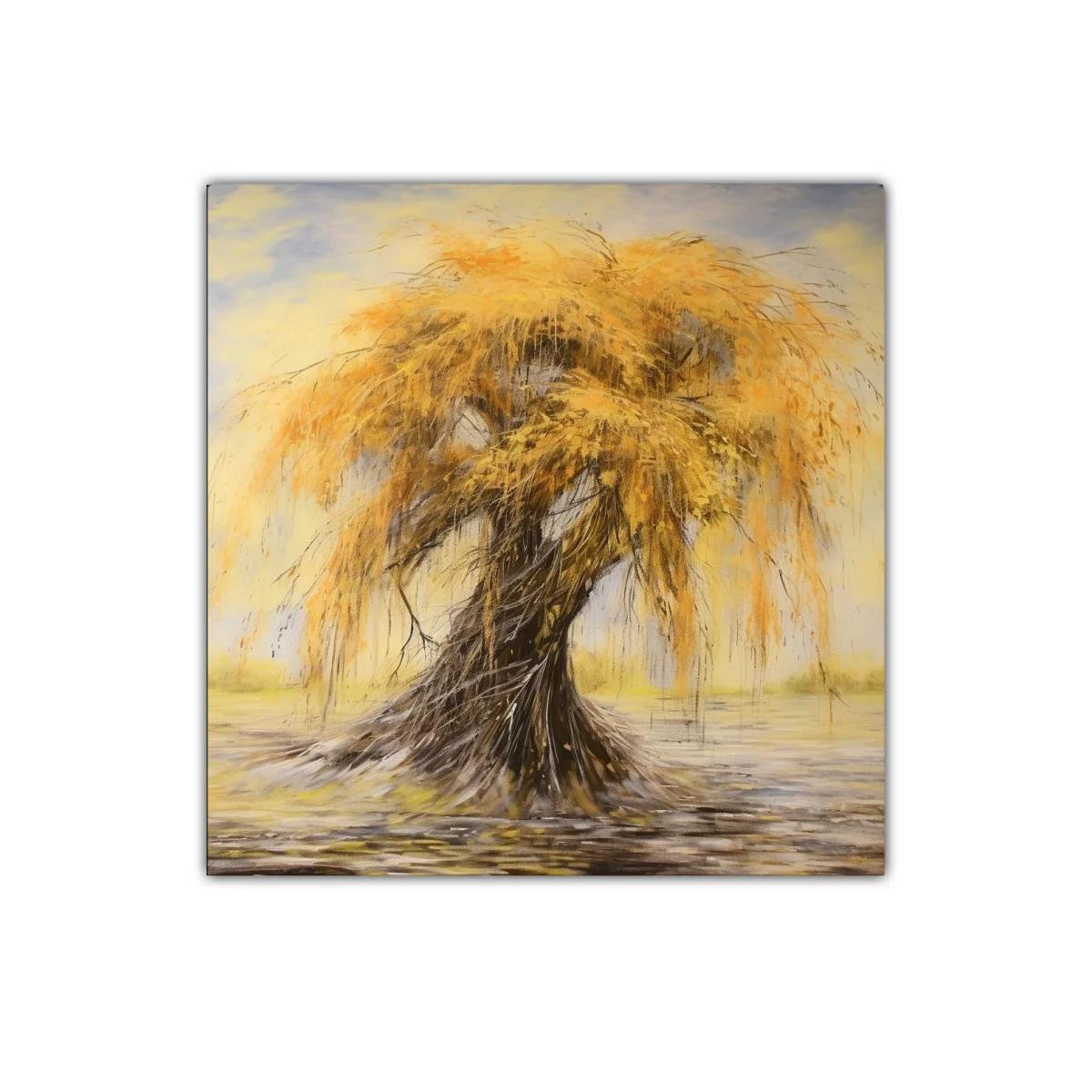 Cuadro árbol otoñal con ramas doradas y fondo suave