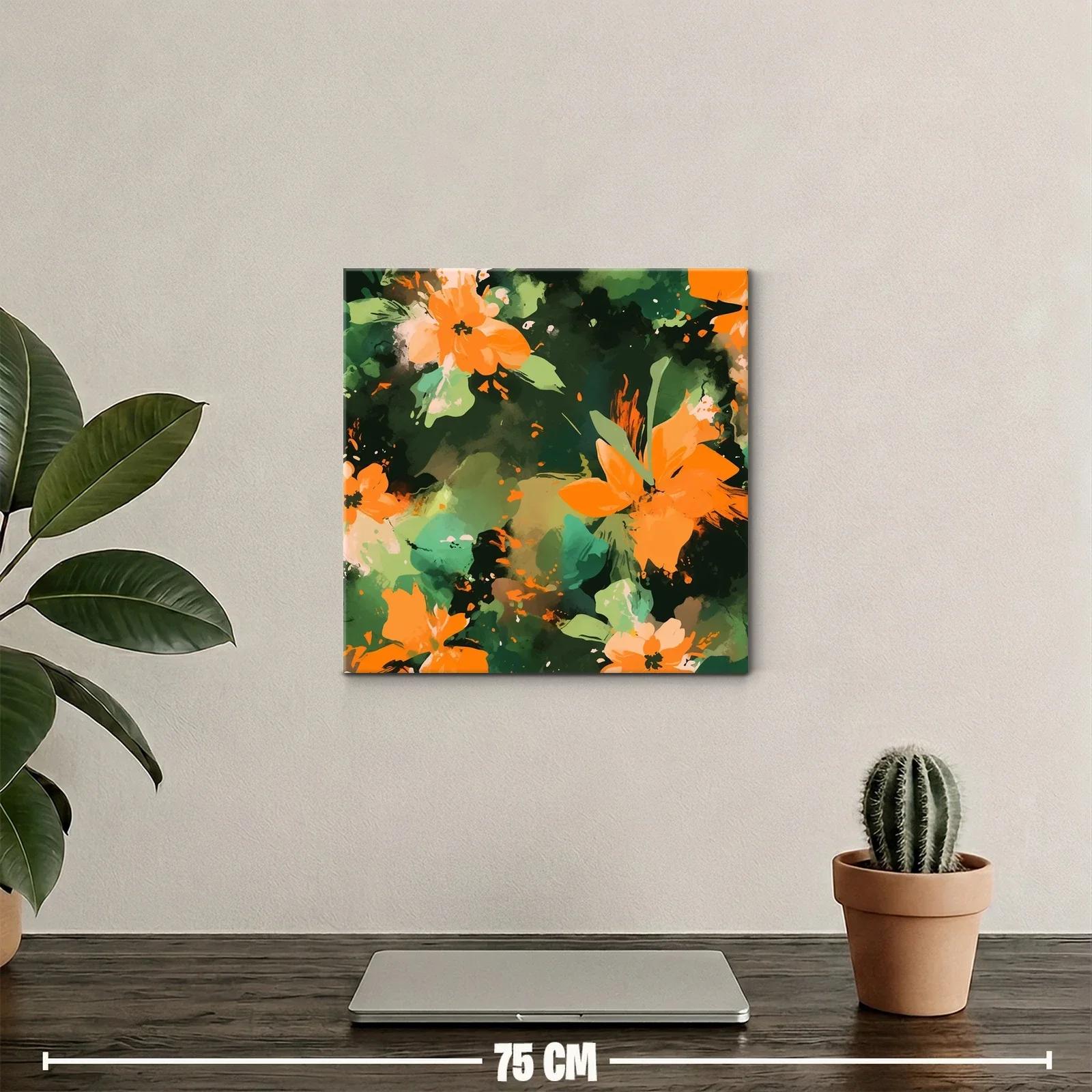 Cuadro abstracto con flores naranja y fondo verde oscuro — miniatura 2