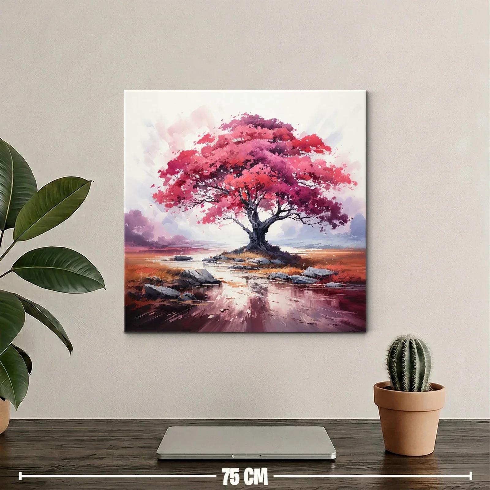 Árbol en tonos rosas y rojos sobre paisaje sereno — miniatura 2