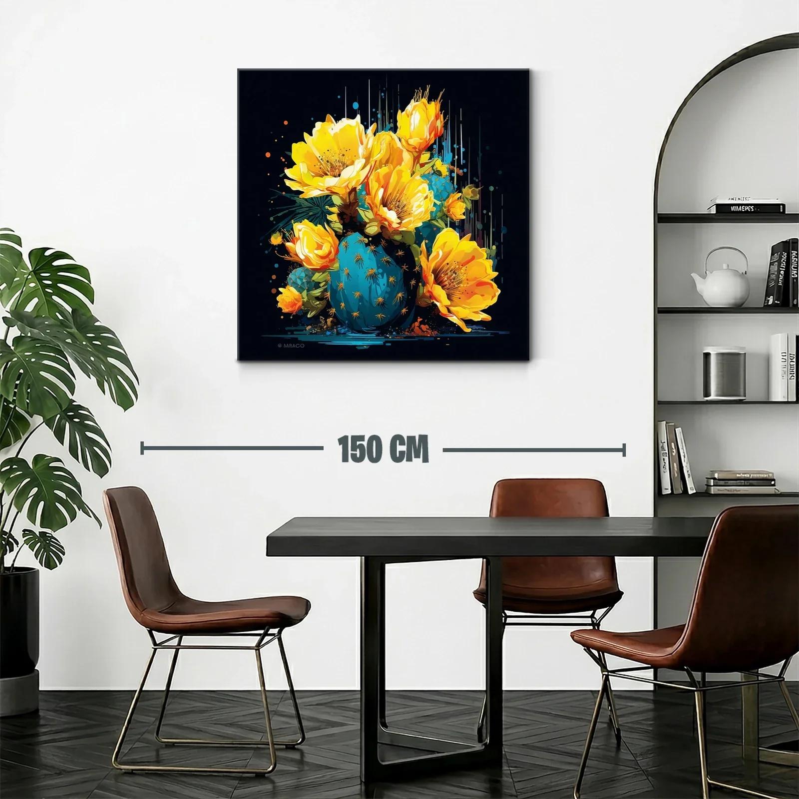 Cuadro moderno con flores amarillas y cactus azul vibrante — miniatura 2