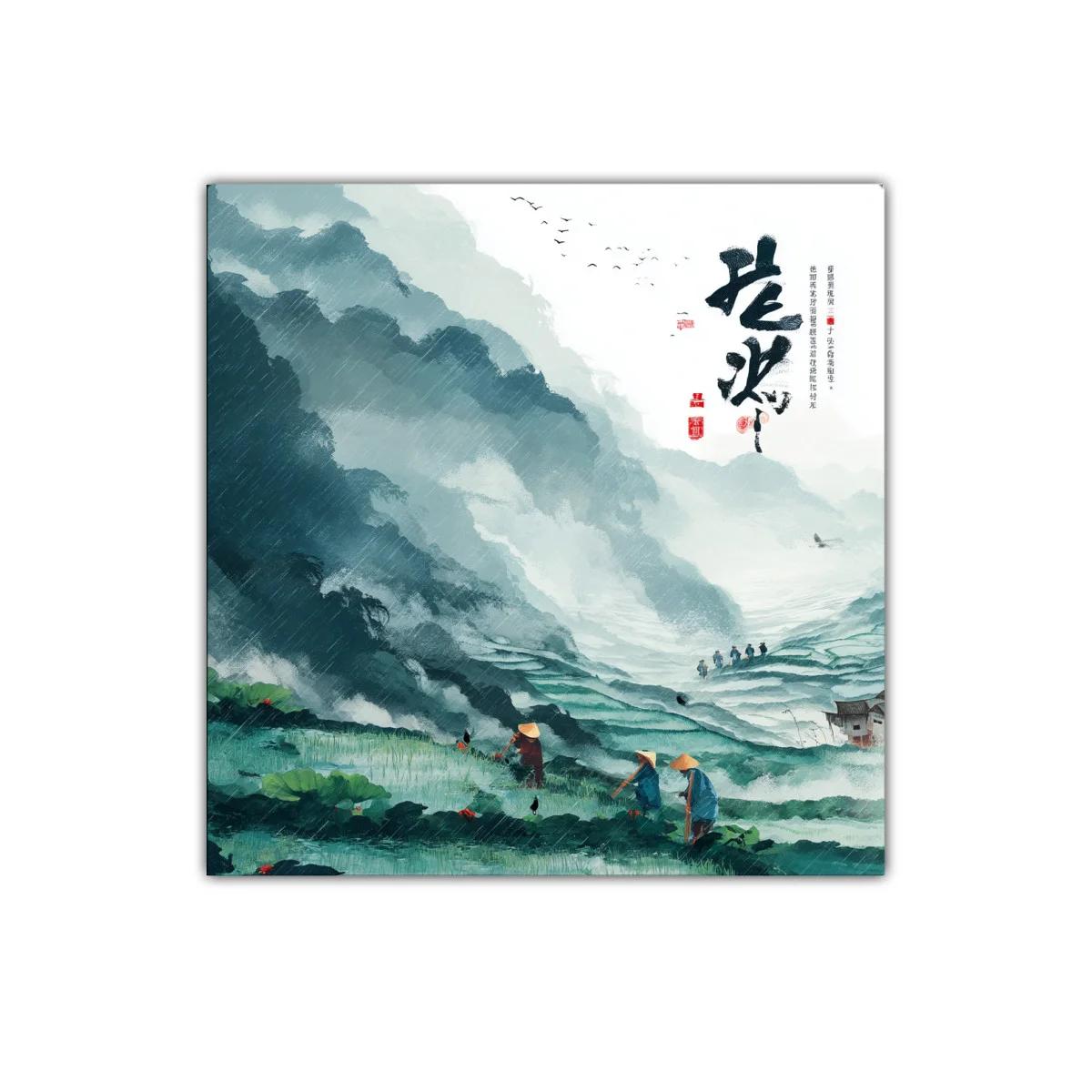 Paisaje sereno con montañas y campesinos en tonos verdes y azules — imagen principal