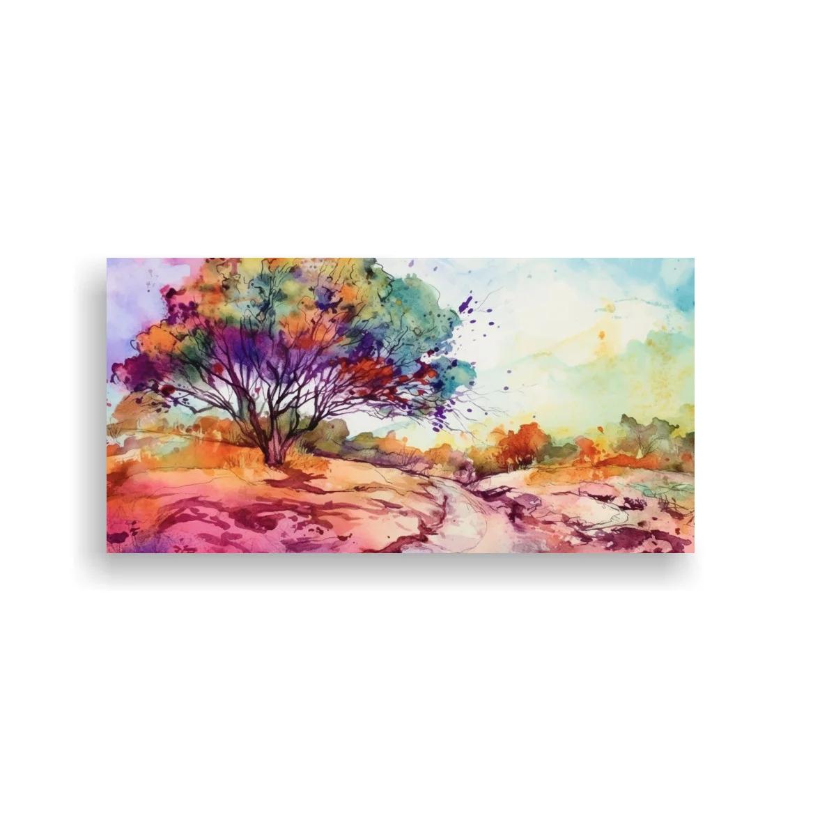 Cuadro árbol de copa multicolor con sendero y tonos rosados
