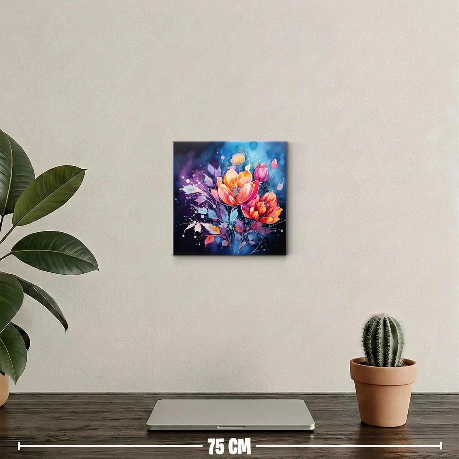 Ramo vibrante de flores en tonos cálidos y fondo azul — miniatura 2