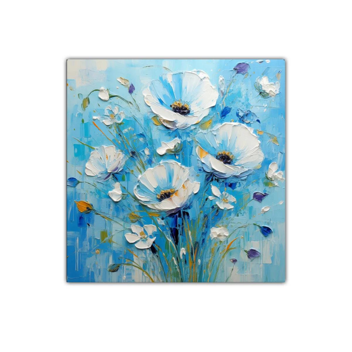 Cuadro decorativo de flores blancas sobre fondo azul — imagen principal