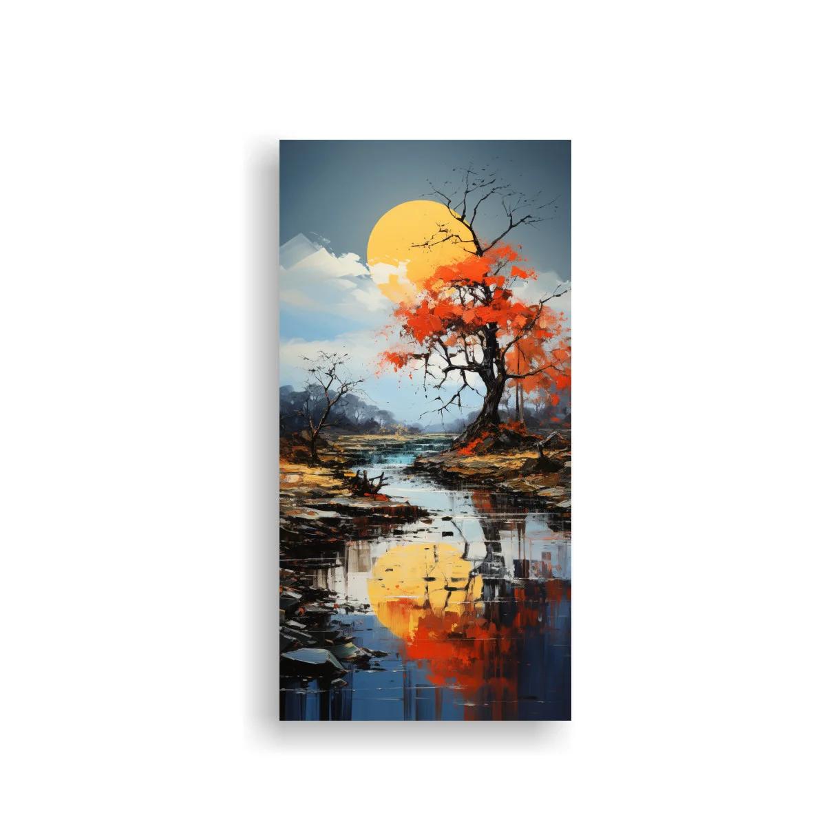 Cuadro árbol otoñal con reflejo y sol grande