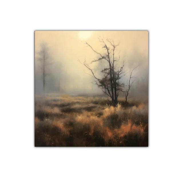 Paisaje brumoso con árbol solitario y tonos cálidos