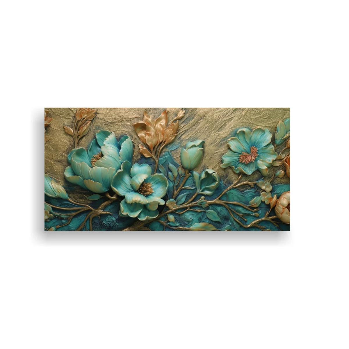 Cuadro flores turquesa en relieve con ramas sinuosas