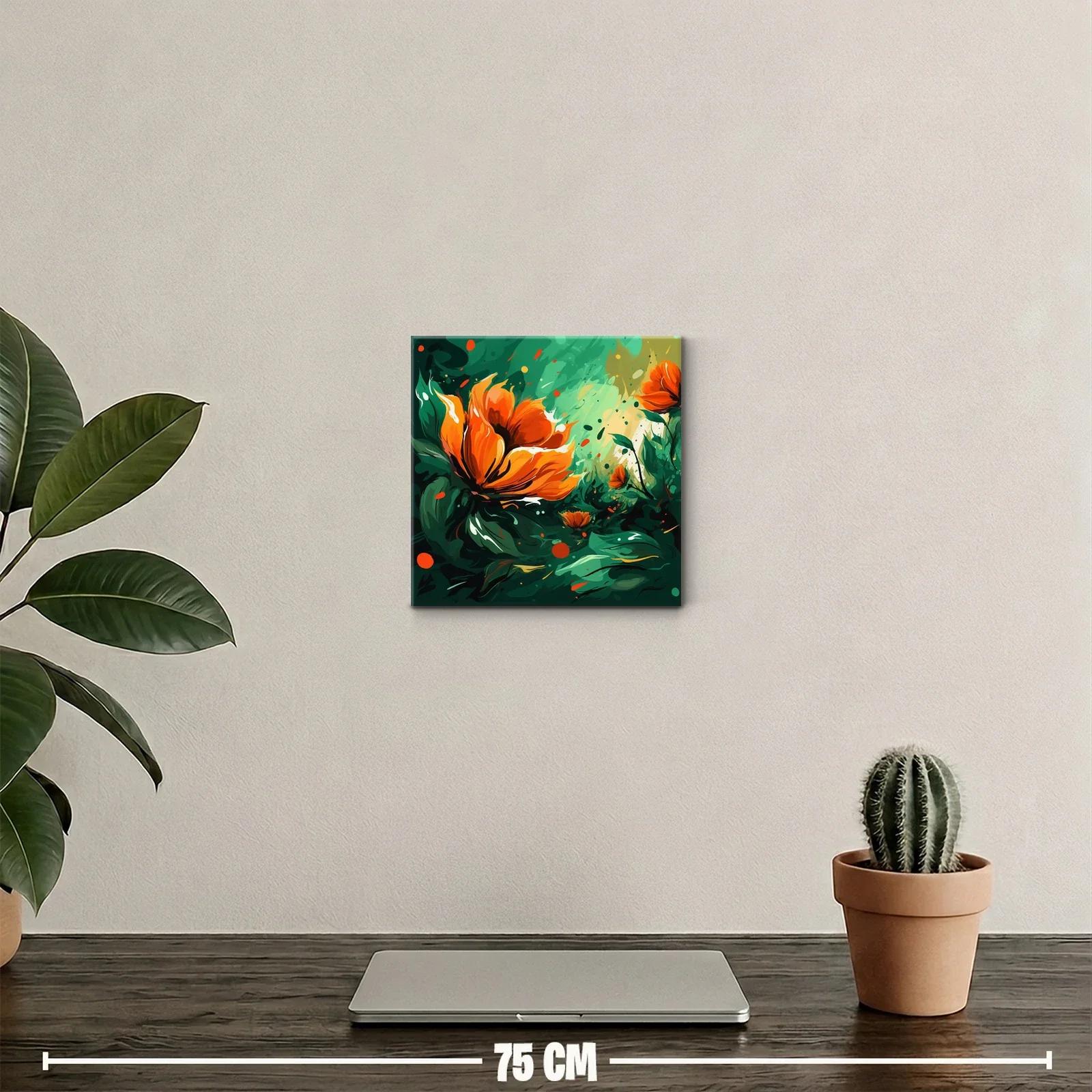 Cuadro decorativo con flores naranja vibrante y fondo verde — miniatura 2