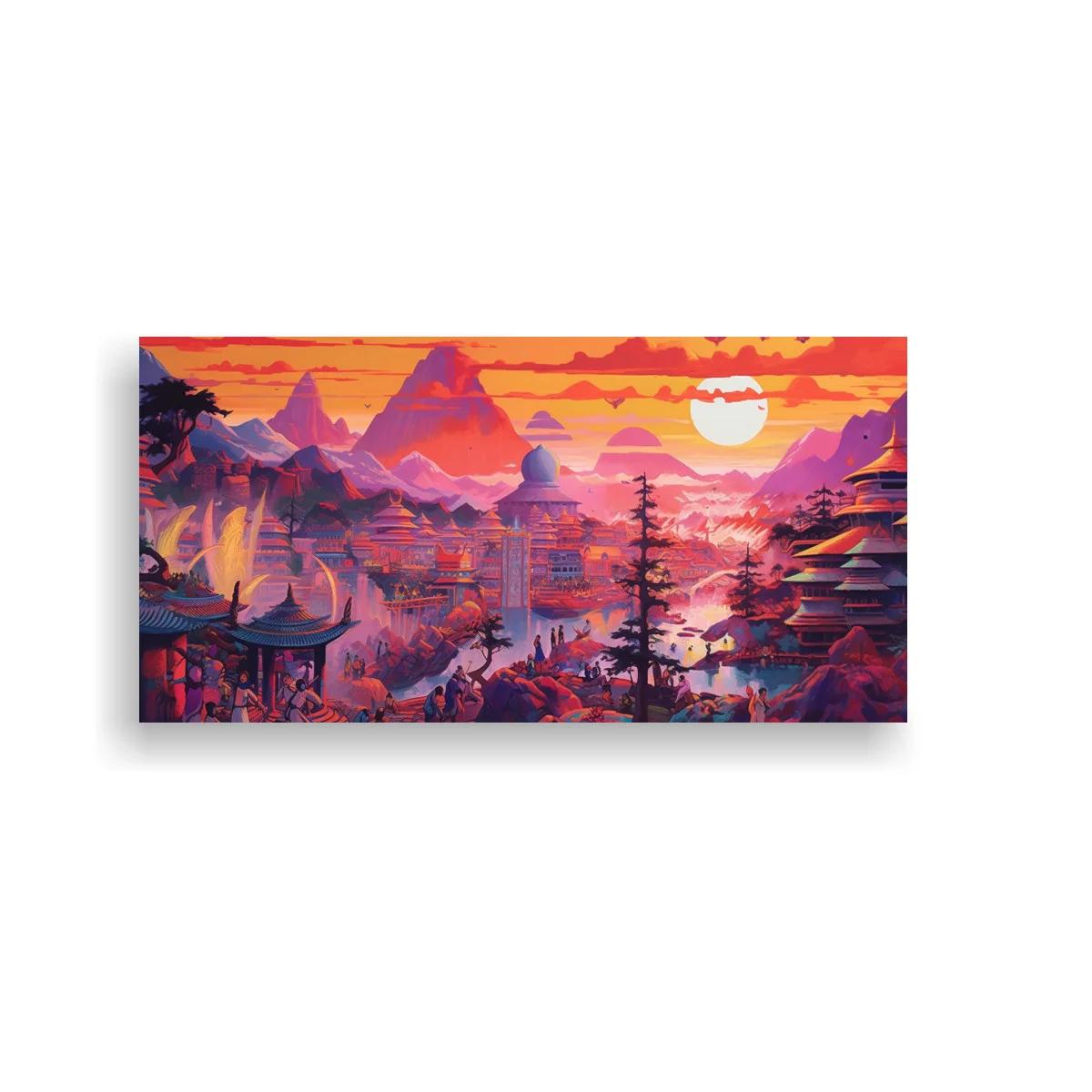 Cuadro paisaje oriental con pagodas y montañas puntiagudas