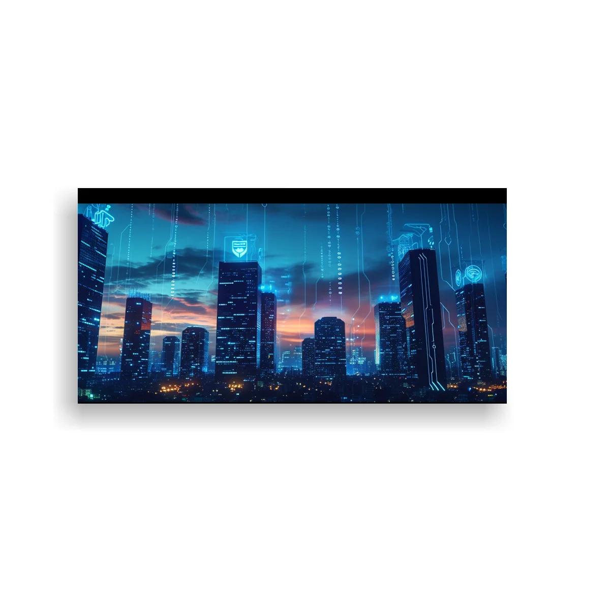 Cuadro skyline de ciudad futurista con trazos luminosos