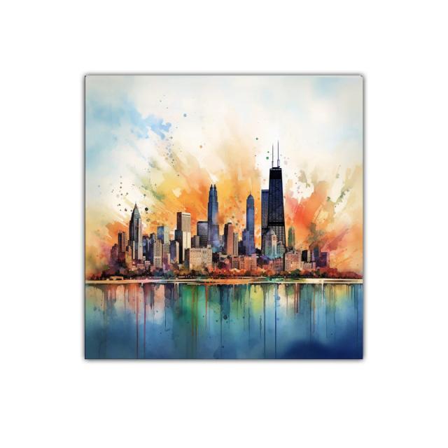 Vibrante ciudad con reflejos en tonos cálidos y fríos